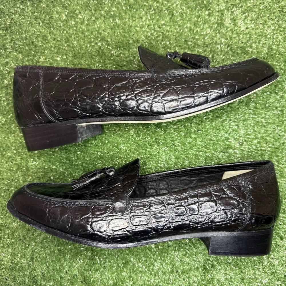 Sesto Meucci Black Leather Tassel Loafers Croc Embossed Womens 9.5 Italy Narrow